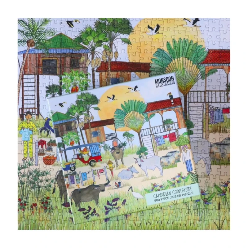 500 pieces hand drawn puzzle Cambodian countryside